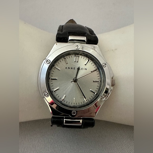 Anne Klein Accessories - Anne Klein silver tone ladies watch with black leather band
